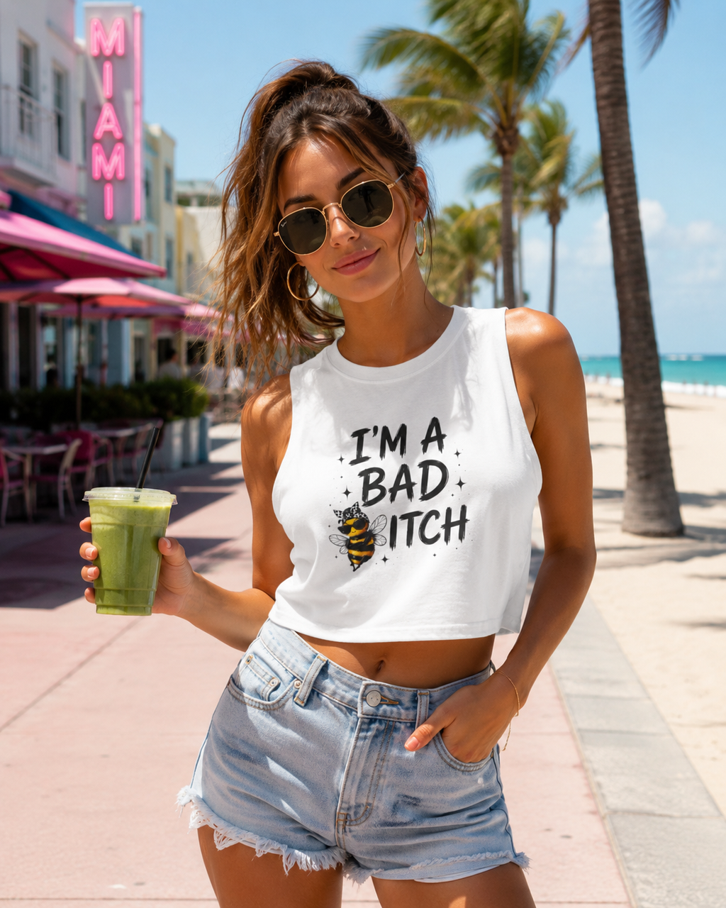 Bad Bitch women's crop tank top beach outfit for summer vacation lake life and outdoor adventures by Hippie Fishy