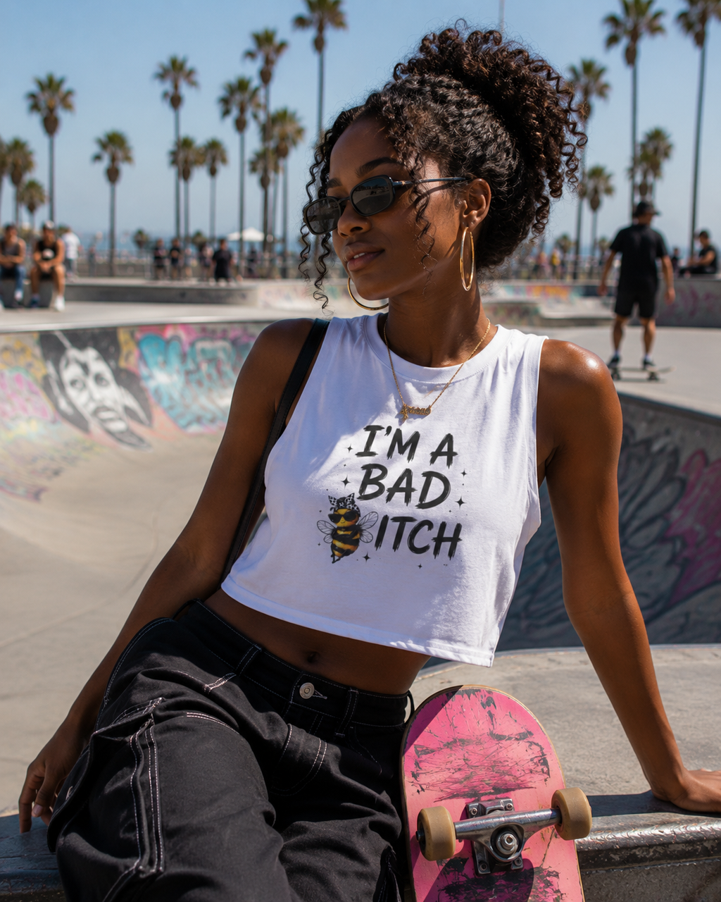 Bad Bitch women's crop tank top streetwear outfit at skatepark summer fashion for confident women by Hippie Fishy
