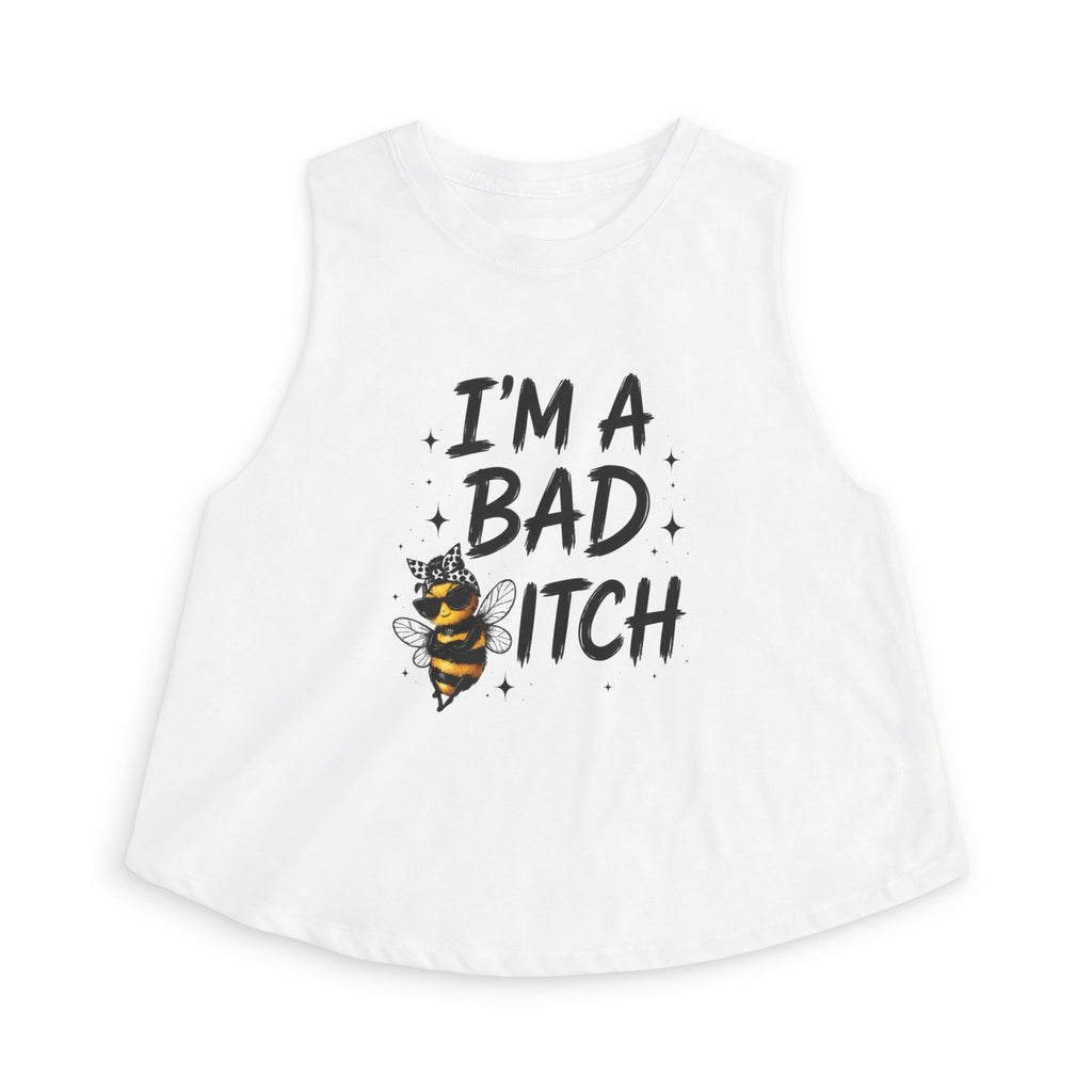 Bad Bitch women's crop tank top white summer shirt for beach vacations, lake life, camping trips and outdoor adventures by Hippie Fishy