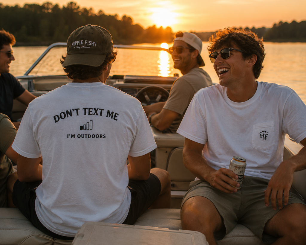 Friends wearing white "Don't Text Me I'm Outdoors" outdoor pocket tees on a boat at sunset, designed for fishing, lake life and outdoor lifestyle.
