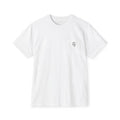 Front view of white unisex outdoor pocket tee with small Hippie Fishy logo, made for fishing, camping and outdoor lifestyle.