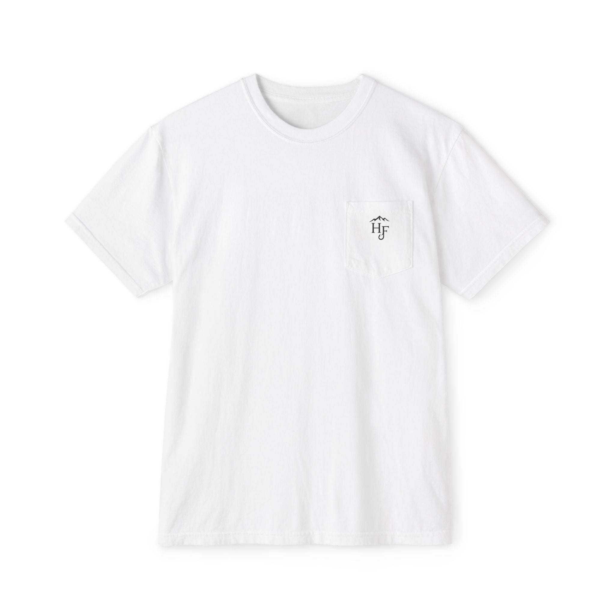 Front view of white unisex outdoor pocket tee with small Hippie Fishy logo, made for fishing, camping and outdoor lifestyle.