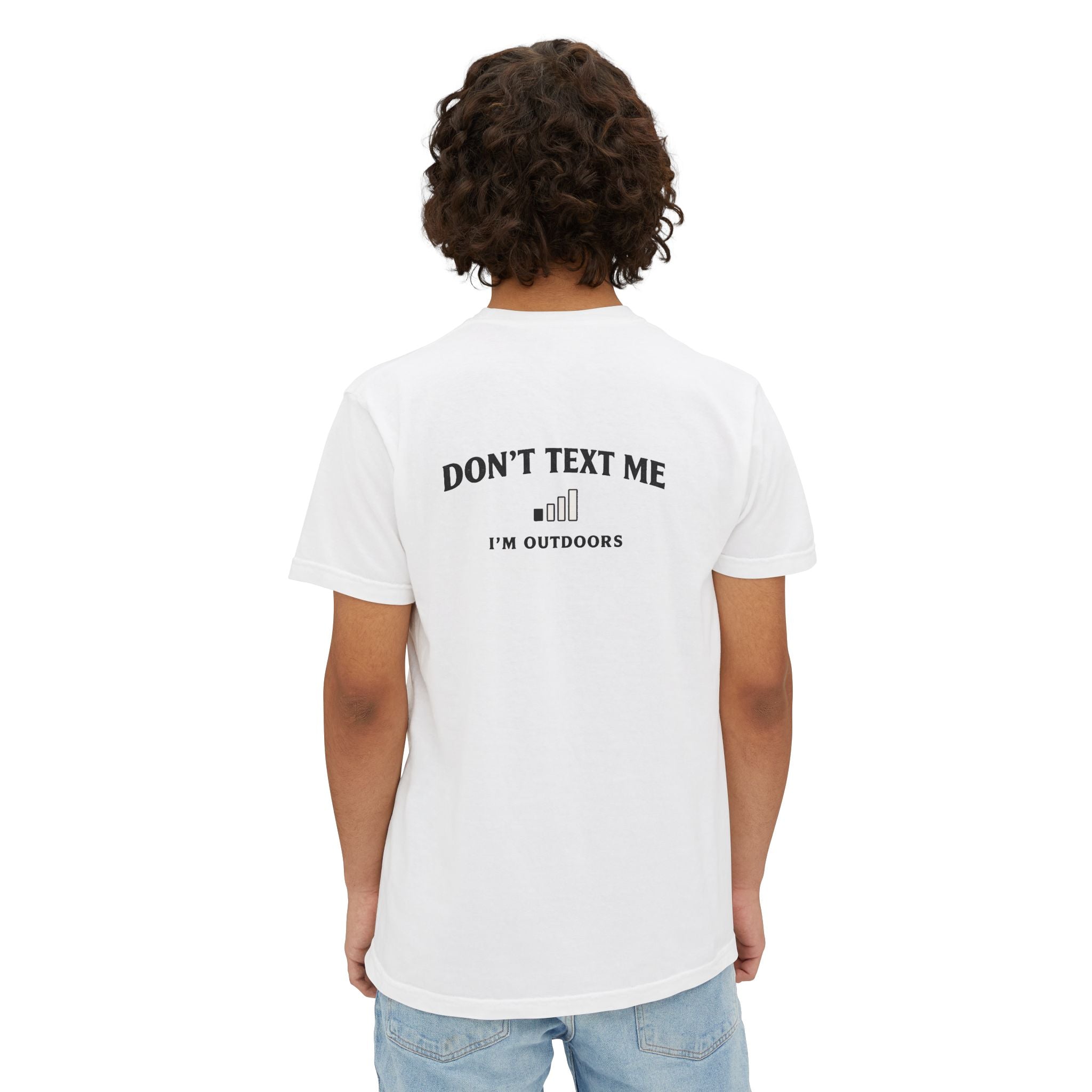 Back view of model wearing white unisex outdoor pocket tee with "Don't Text Me I'm Outdoors" design, made for fishing and outdoor lifestyle.