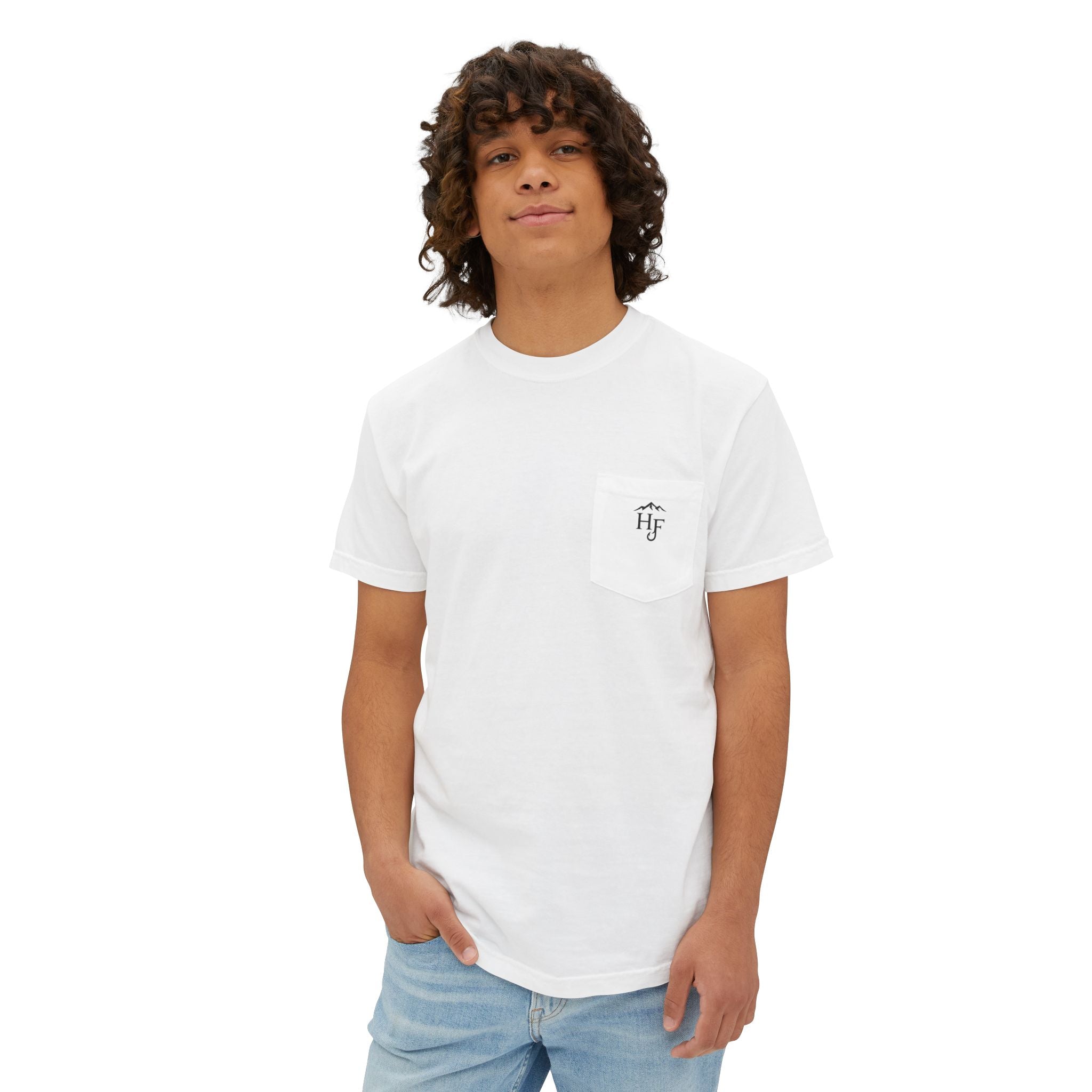 Model wearing white unisex outdoor pocket tee with small Hippie Fishy logo, made for fishing, camping and outdoor lifestyle.