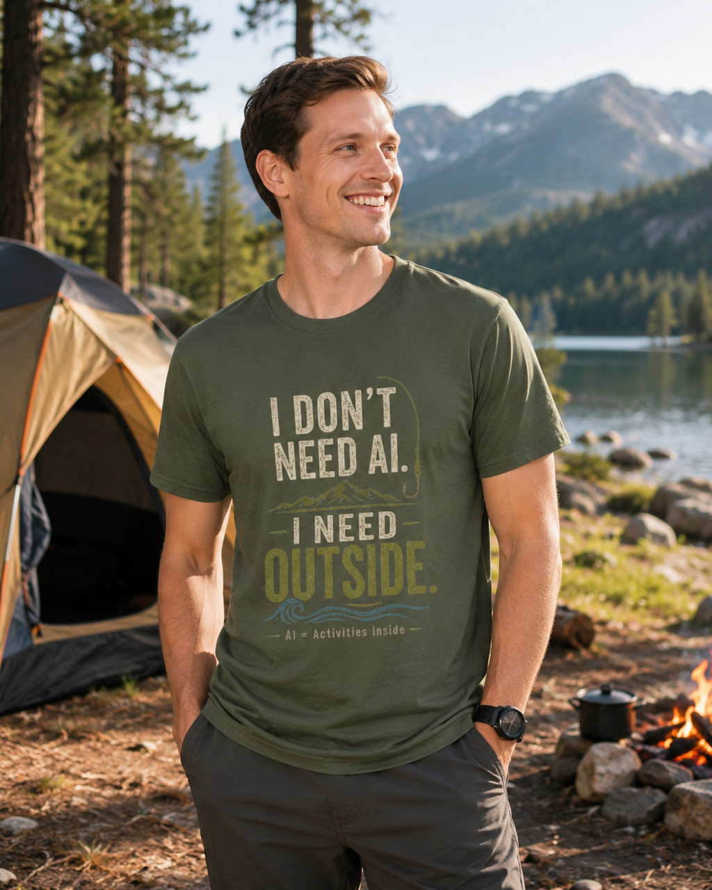 Man wearing the Military Green I Don’t Need AI I Need Outside outdoor graphic T-shirt at a campsite by the lake, perfect for camping, fishing, hiking and digital detox lifestyle.