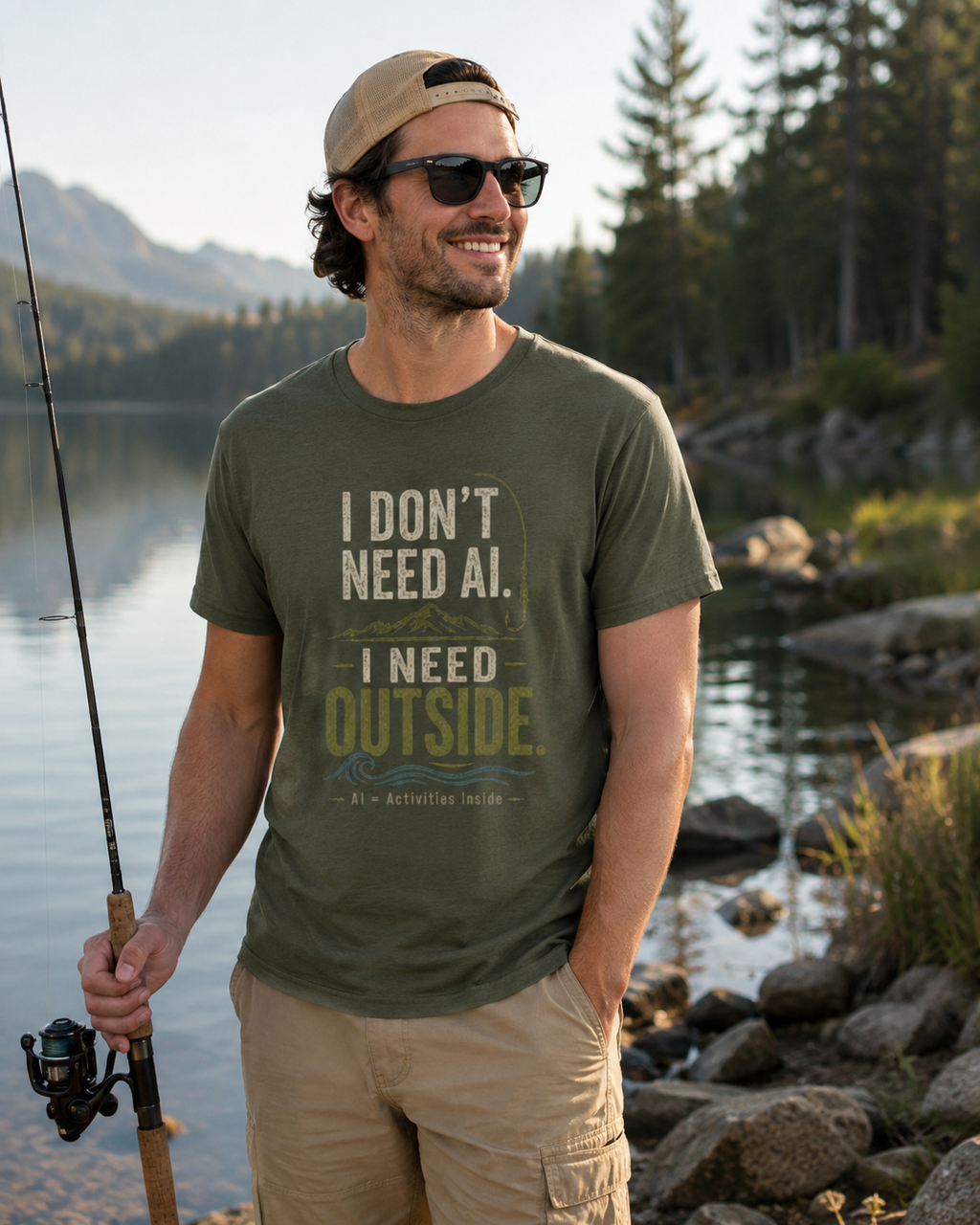 Man wearing the Military Green I Don’t Need AI I Need Outside outdoor graphic T-shirt while fishing by a mountain lake, perfect for fishing trips, camping and digital detox lifestyle.