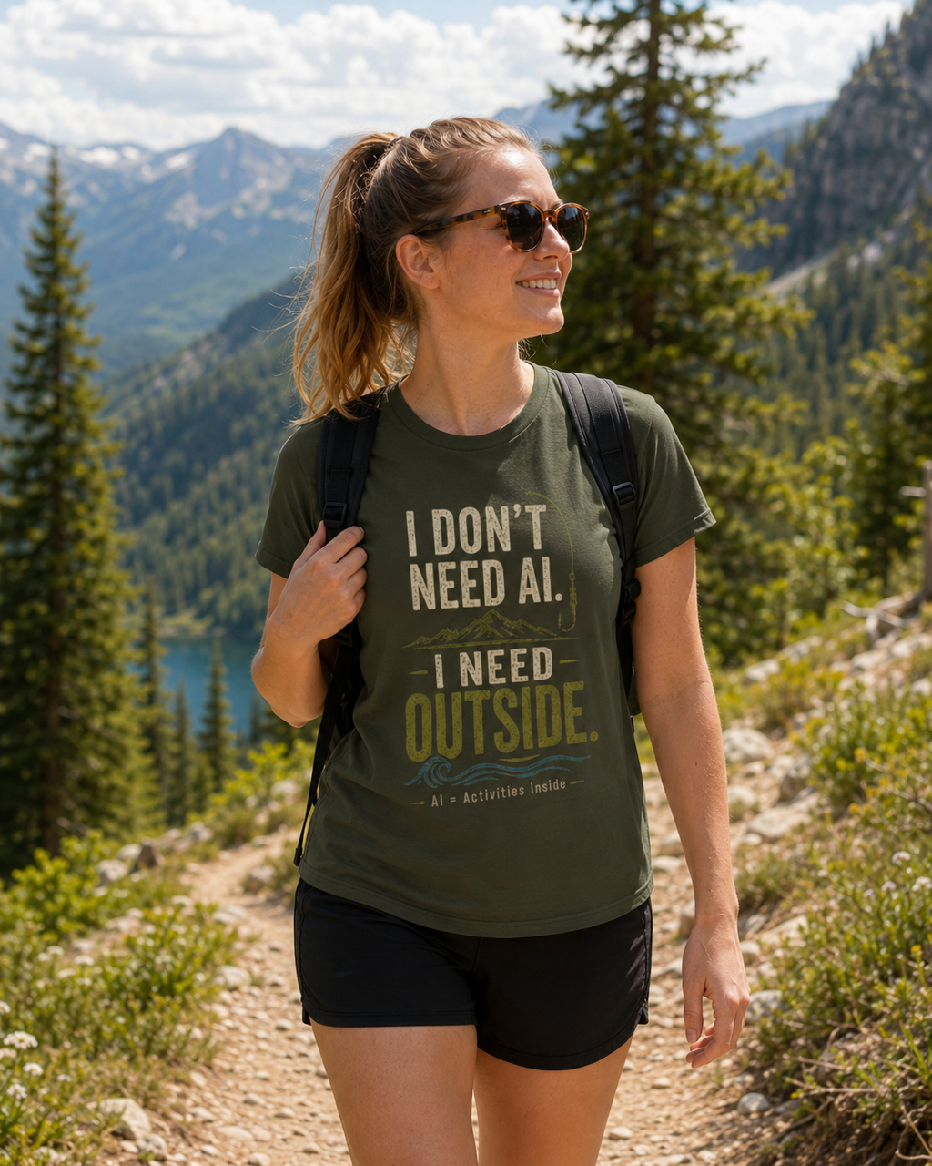 Woman wearing the Military Green I Don’t Need AI I Need Outside outdoor graphic T-shirt while hiking on a mountain trail, perfect for hiking, camping, nature lovers and digital detox lifestyle.