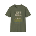 Military Green I Don’t Need AI I Need Outside outdoor graphic T-shirt with mountain, fishing hook and wave design for fishing, camping and digital detox.