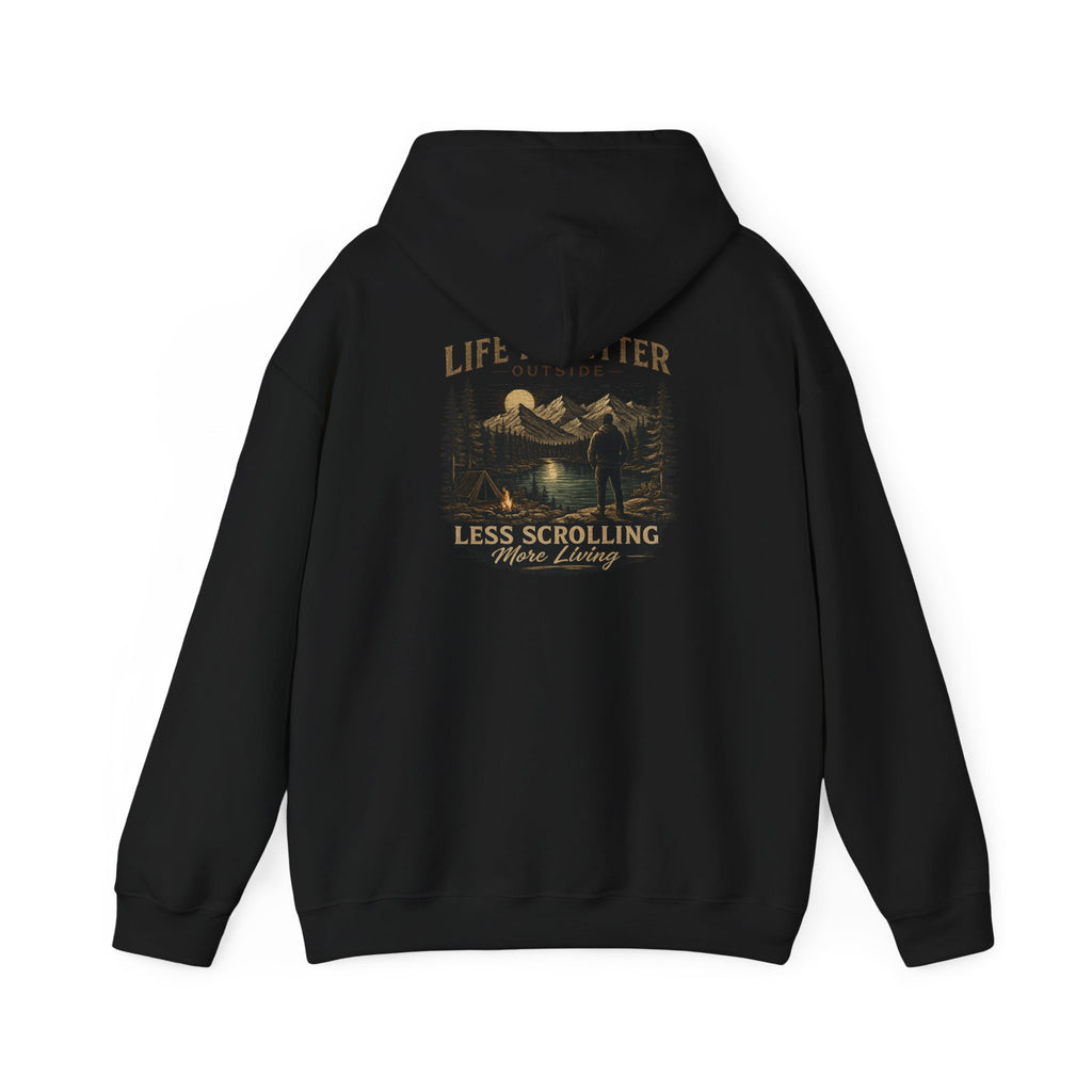 Back view of black unisex "Life Is Better Outside" outdoor hoodie with mountain camping artwork, designed for fishing, hiking and outdoor lifestyle.