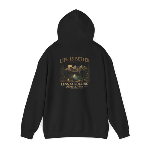 Back view of black unisex outdoor hoodie with "Life Is Better Outside" artwork, designed for camping, fishing, hiking and outdoor lifestyle.