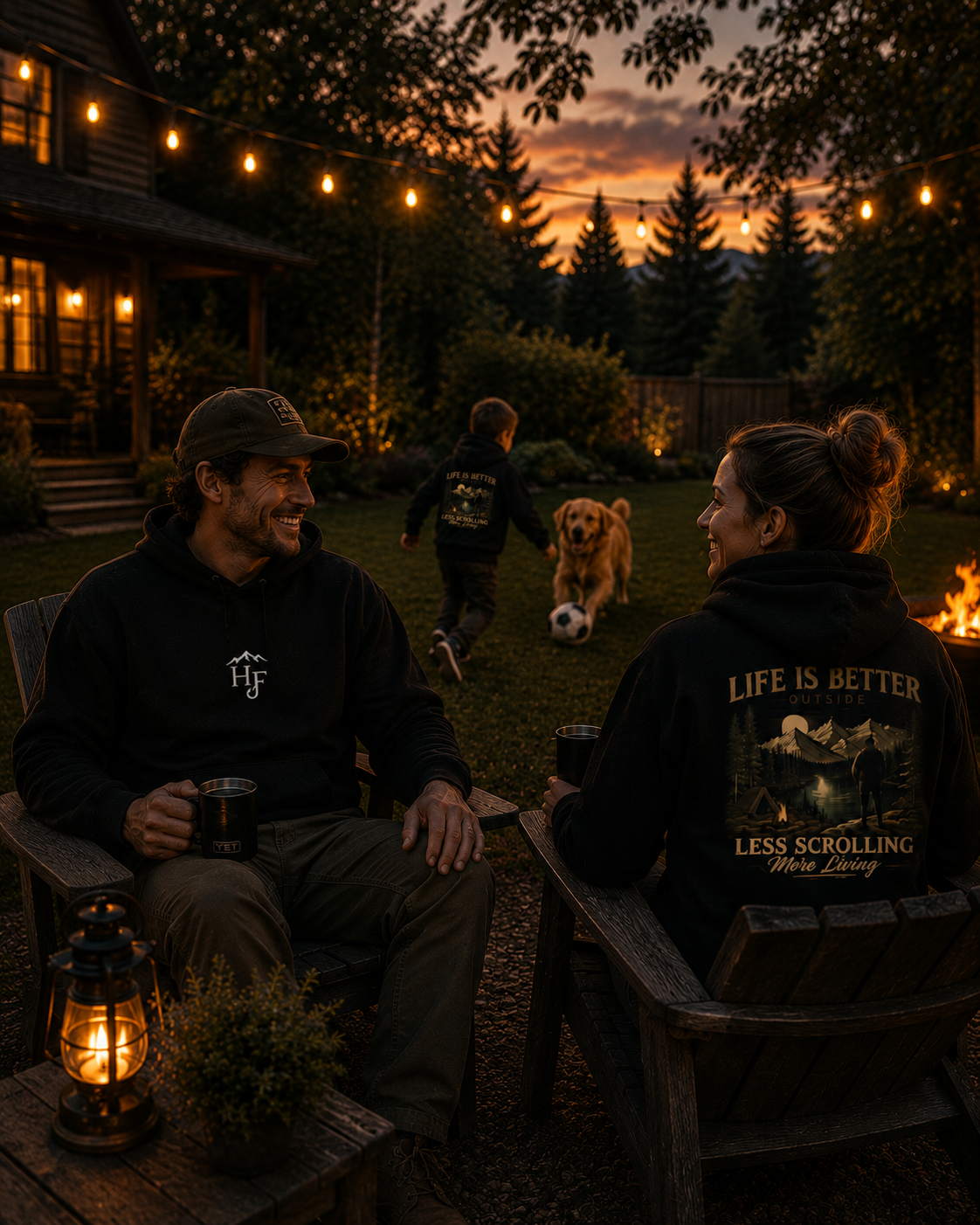 People wearing black "Life Is Better Outside" outdoor hoodies by a cabin and campfire, designed for camping, lake life and outdoor lifestyle.