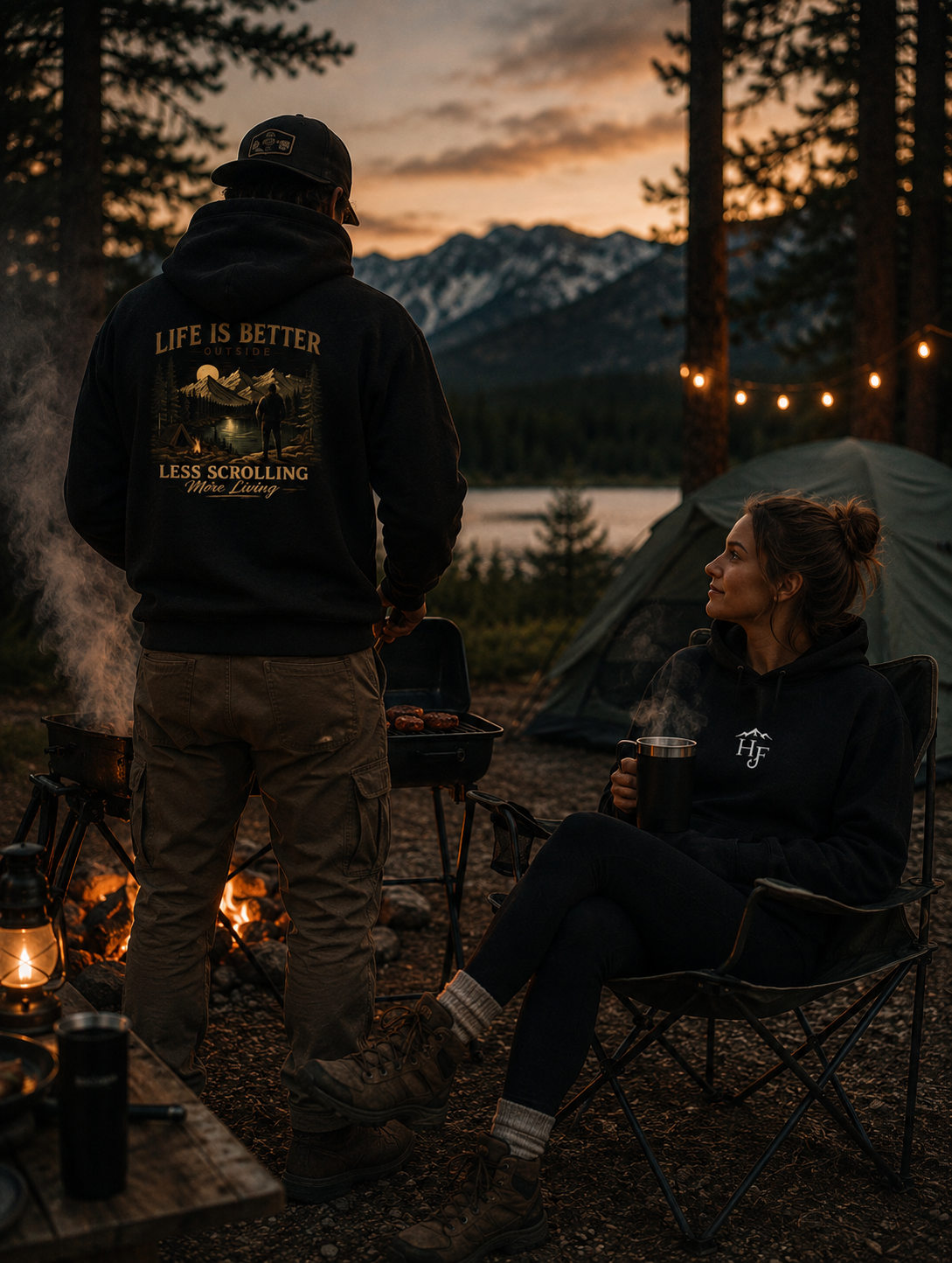 Two people wearing black "Life Is Better Outside" outdoor hoodies at a campsite with a campfire, designed for camping, hiking and outdoor lifestyle.