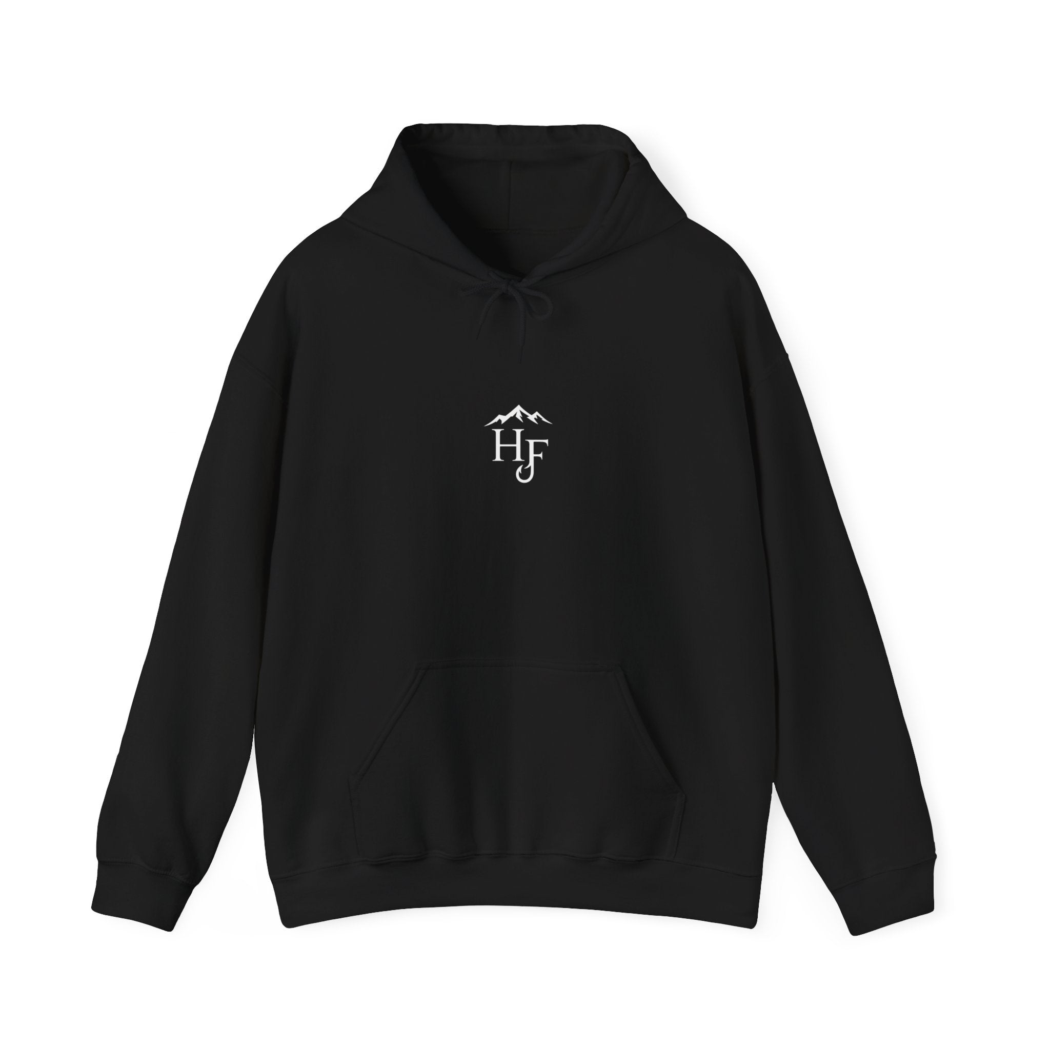 Front view of black unisex outdoor hoodie with small Hippie Fishy logo, designed for camping, fishing, hiking and outdoor lifestyle.