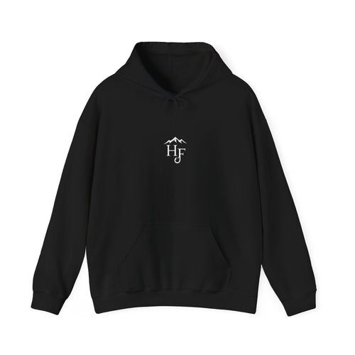 Front view of black unisex outdoor hoodie with small Hippie Fishy logo, designed for camping, fishing, hiking and outdoor lifestyle.