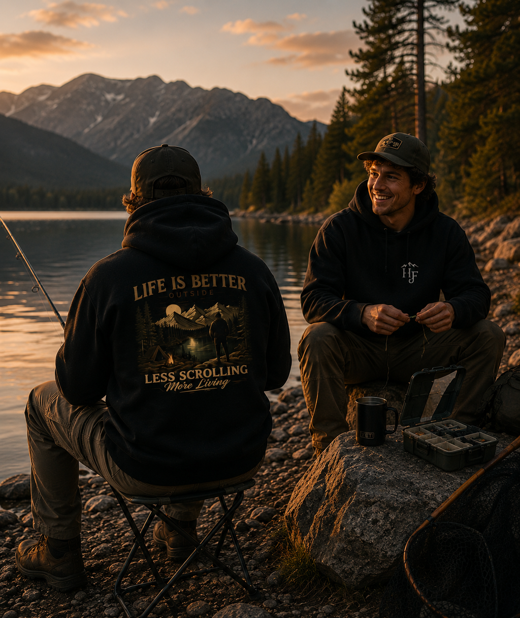 Two people wearing black "Life Is Better Outside" outdoor hoodies while fishing by a mountain lake, designed for camping, fishing and outdoor lifestyle.