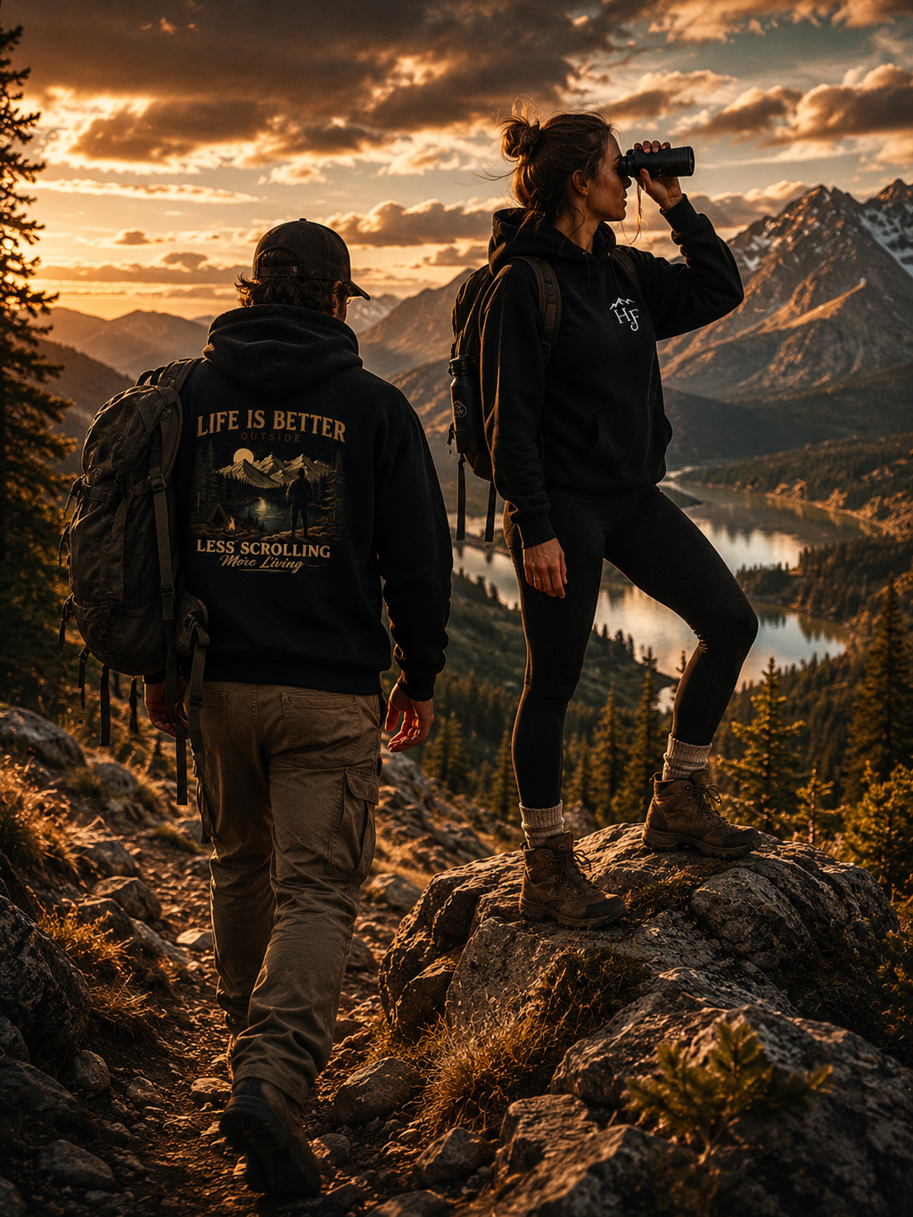 Two people wearing black "Life Is Better Outside" outdoor hoodies while hiking in the mountains, designed for camping, hiking and adventure lifestyle.