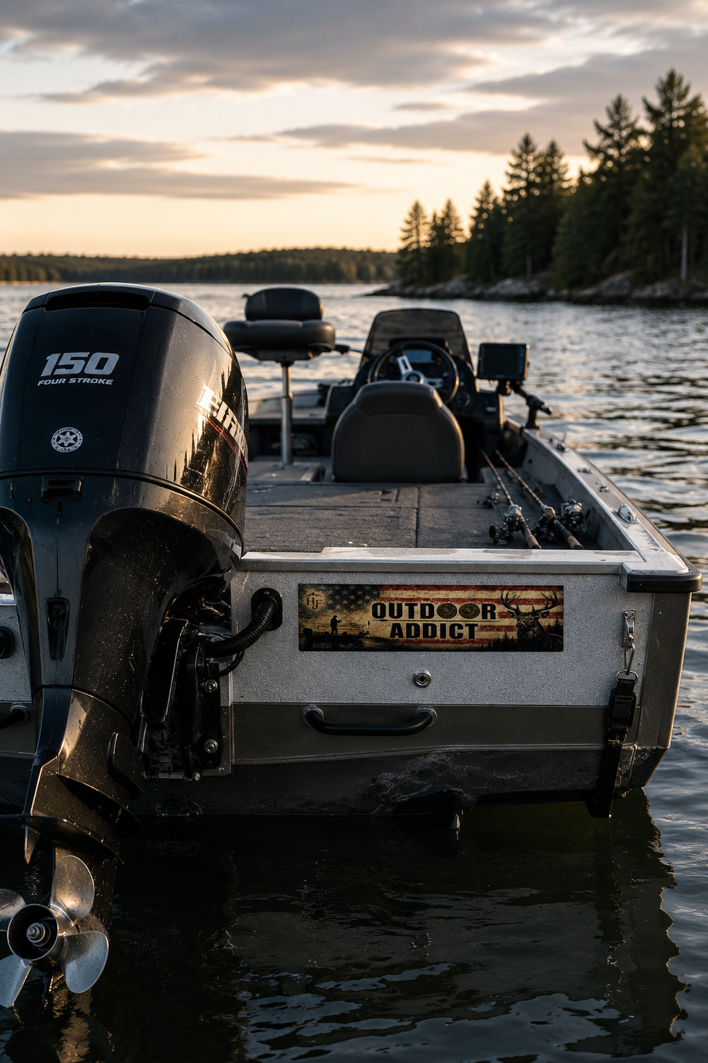 Outdoor Addict fishing boat sticker displayed on bass boat featuring vintage American flag, fisherman silhouette, deer artwork and hunting outdoor lifestyle design