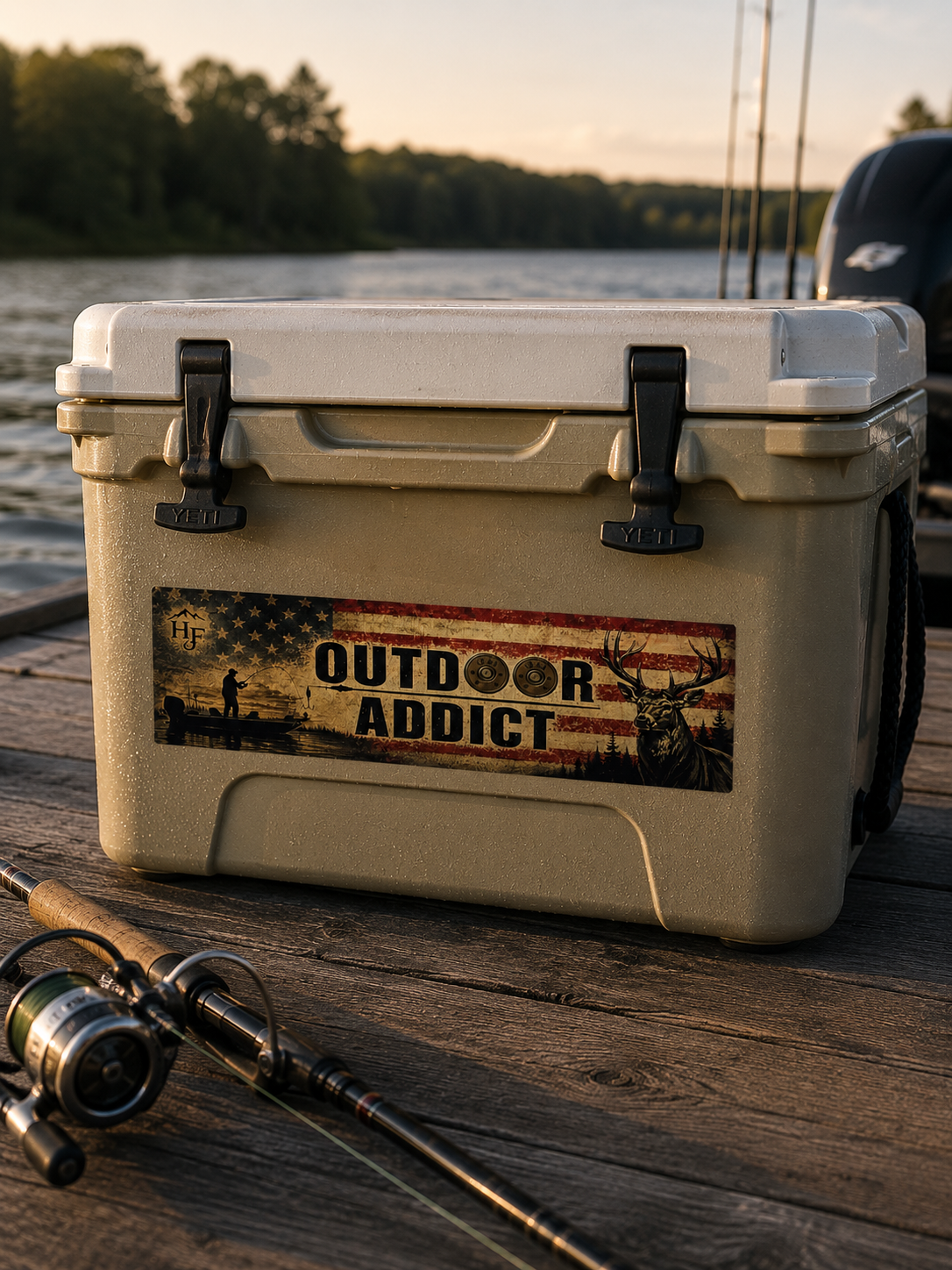 Outdoor Addict fishing and hunting sticker displayed on fishing cooler featuring vintage American flag, fisherman silhouette, deer artwork and outdoor adventure lifestyle design