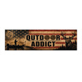 Outdoor Addict fishing and hunting bumper sticker with vintage American flag, fisherman silhouette and deer design