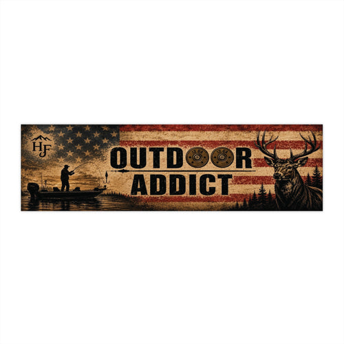 Outdoor Addict fishing and hunting bumper sticker with vintage American flag, fisherman silhouette and deer design