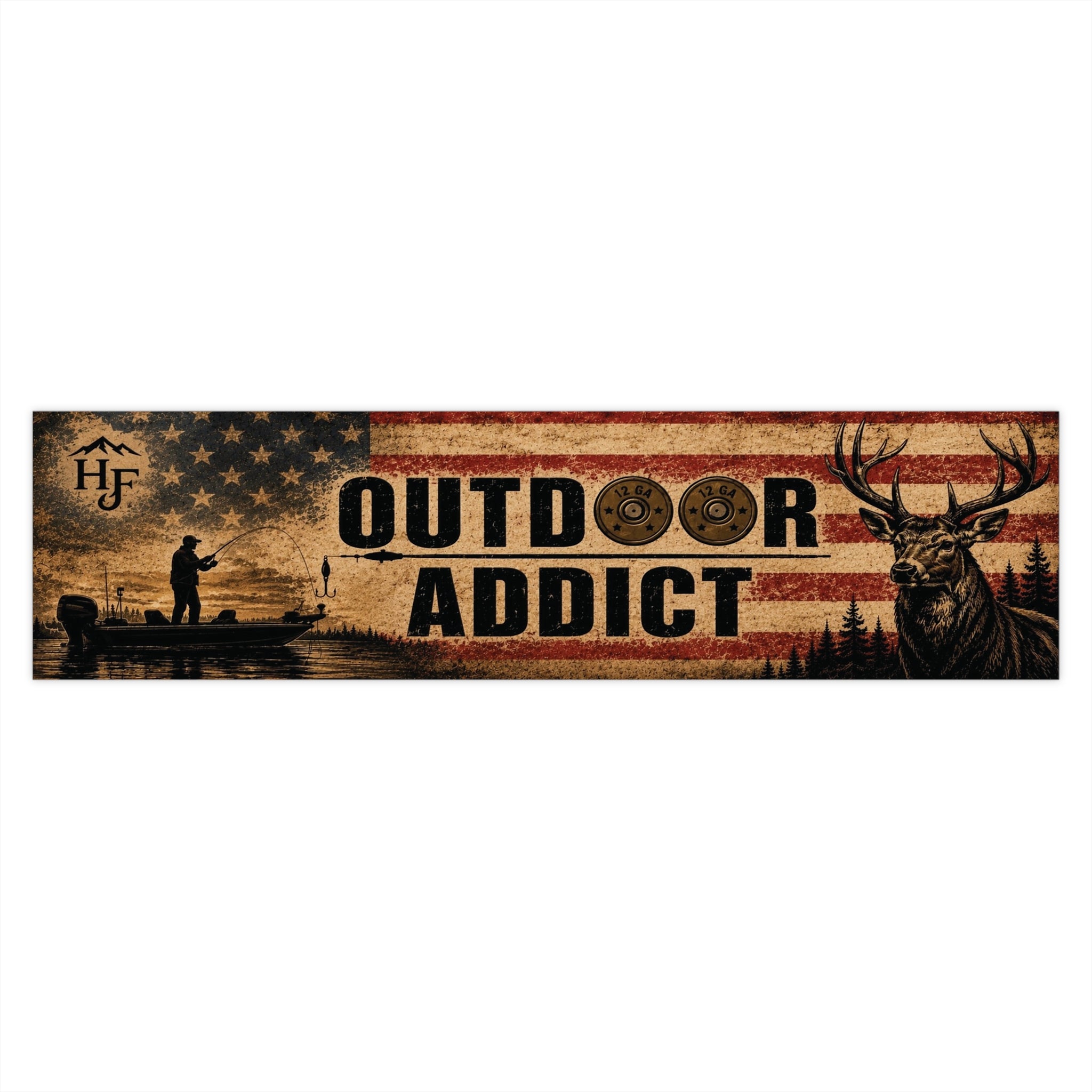 Outdoor Addict fishing and hunting bumper sticker featuring vintage American flag, fisherman silhouette, shotgun shells and deer artwork