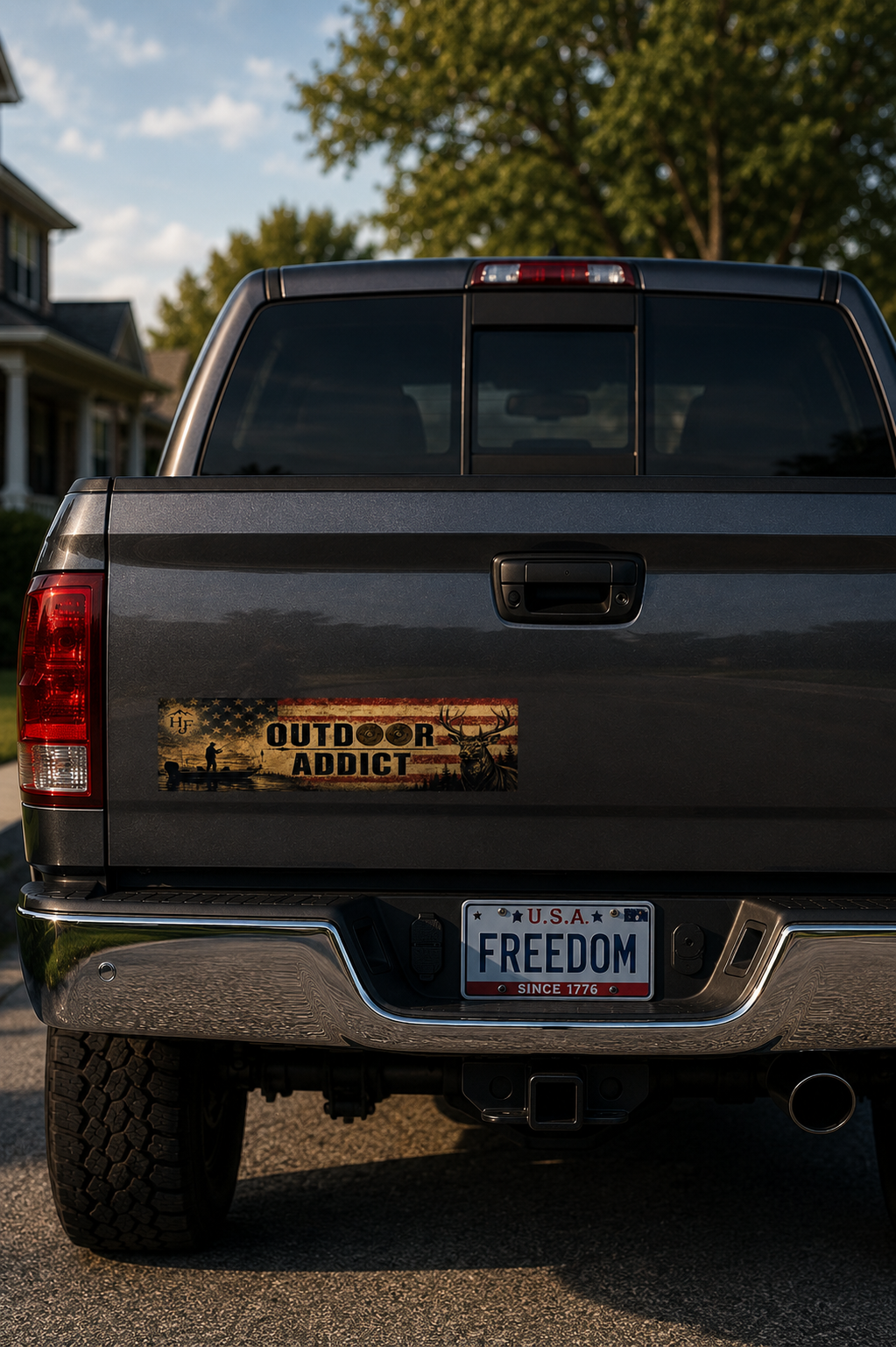 Outdoor Addict fishing and hunting bumper sticker displayed on pickup truck tailgate featuring vintage American flag, fisherman silhouette, deer artwork and shotgun shell design
