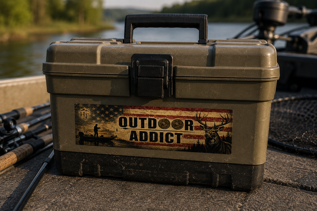 Outdoor Addict fishing tackle box sticker featuring vintage American flag, fisherman silhouette, deer artwork and hunting lifestyle design on fishing gear storage box