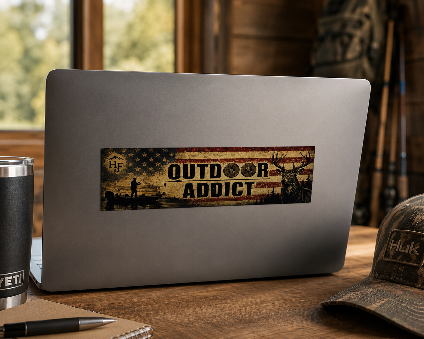 Outdoor Addict fishing and hunting sticker displayed on laptop featuring vintage American flag, fisherman silhouette, deer artwork and outdoor lifestyle design