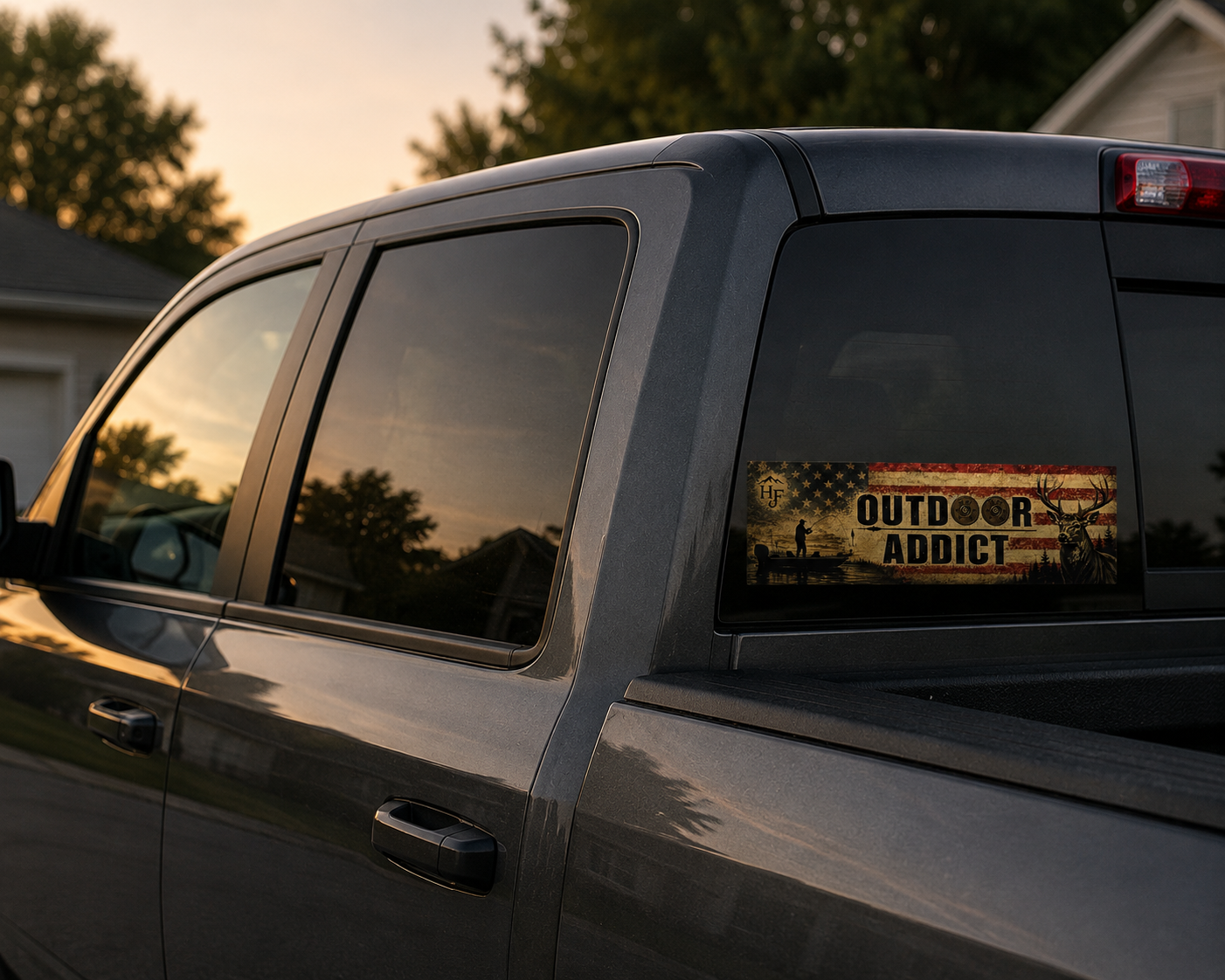 Outdoor Addict fishing and hunting sticker displayed on pickup truck rear window featuring vintage American flag, fisherman silhouette, deer artwork and outdoor lifestyle design