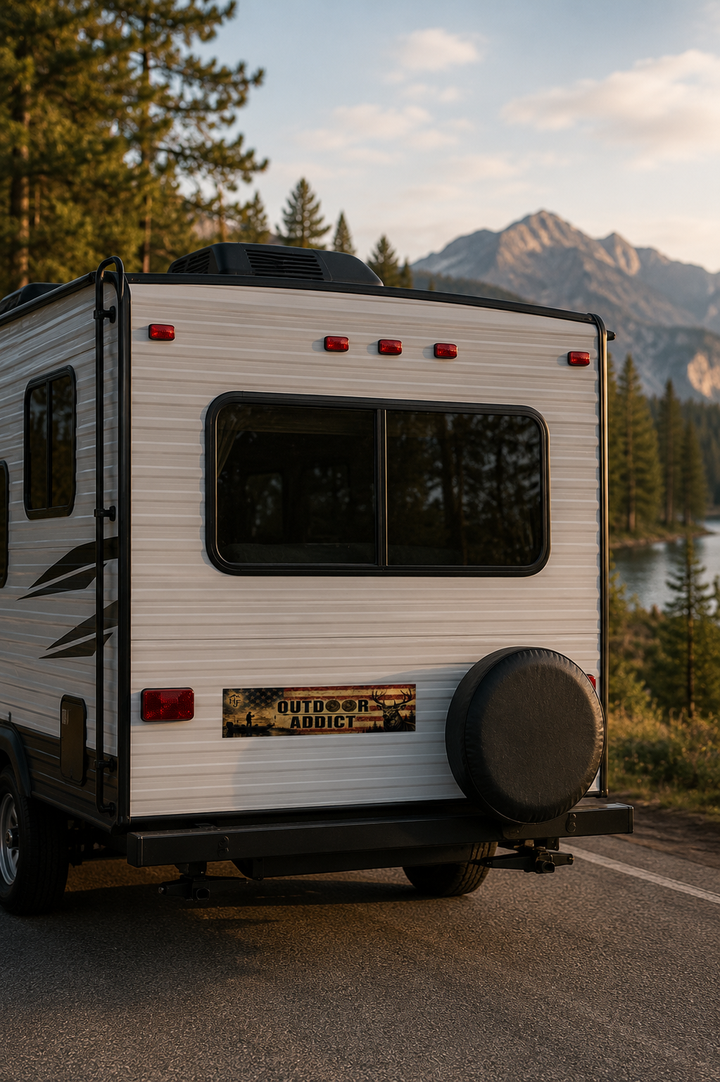 Outdoor Addict fishing and hunting bumper sticker displayed on RV camper featuring vintage American flag, fisherman silhouette, deer artwork and outdoor adventure lifestyle design