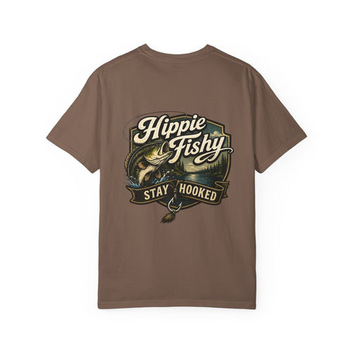 Back view of espresso unisex "Stay Hooked" outdoor fishing tee with Hippie Fishy graphic, designed for fishing, camping and lake life.