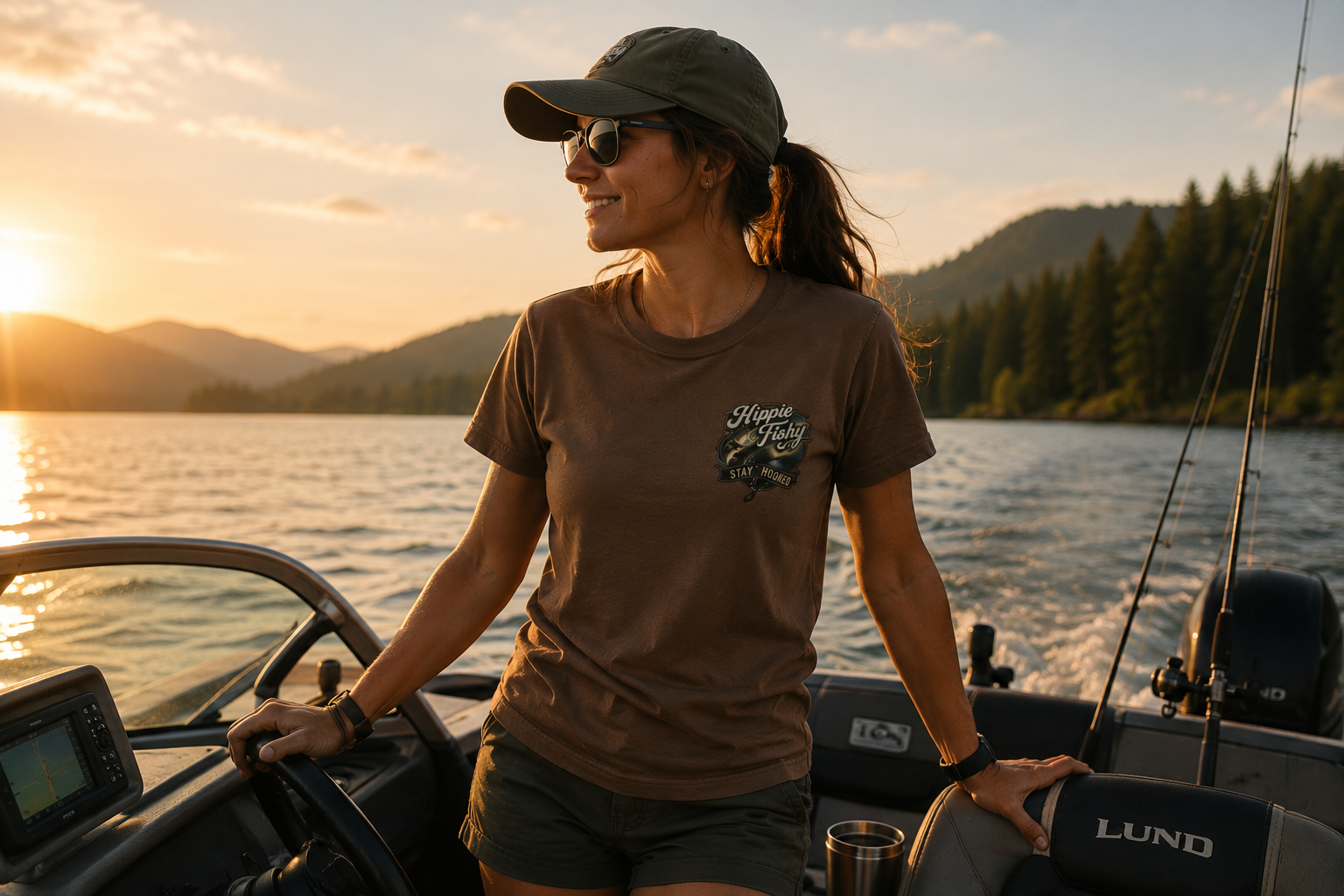 Female model wearing espresso "Stay Hooked" outdoor fishing tee on a boat at sunset, designed for fishing, lake life and outdoor lifestyle.
