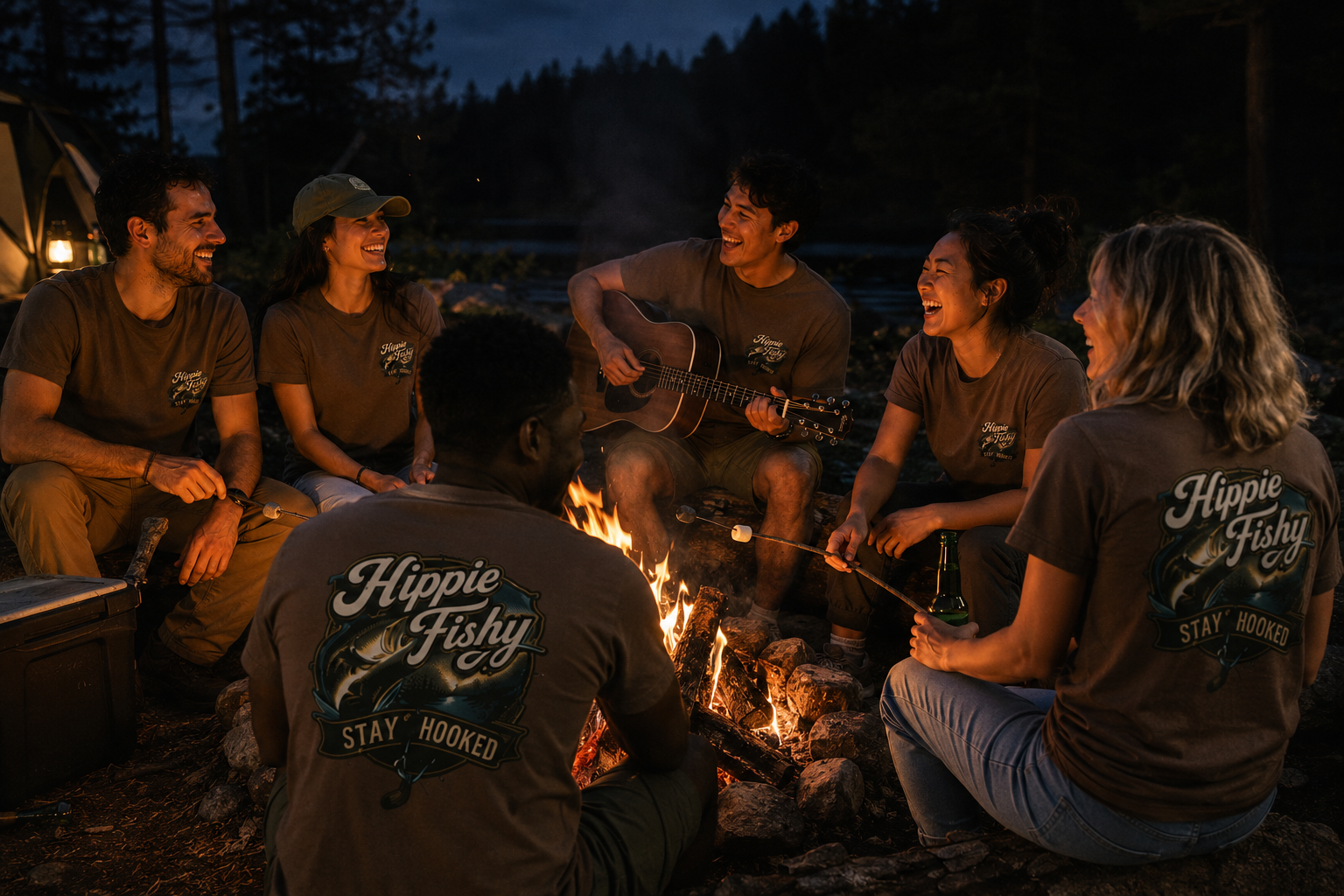 Group of friends wearing espresso "Stay Hooked" outdoor fishing tees around a campfire, designed for camping, fishing and outdoor lifestyle.