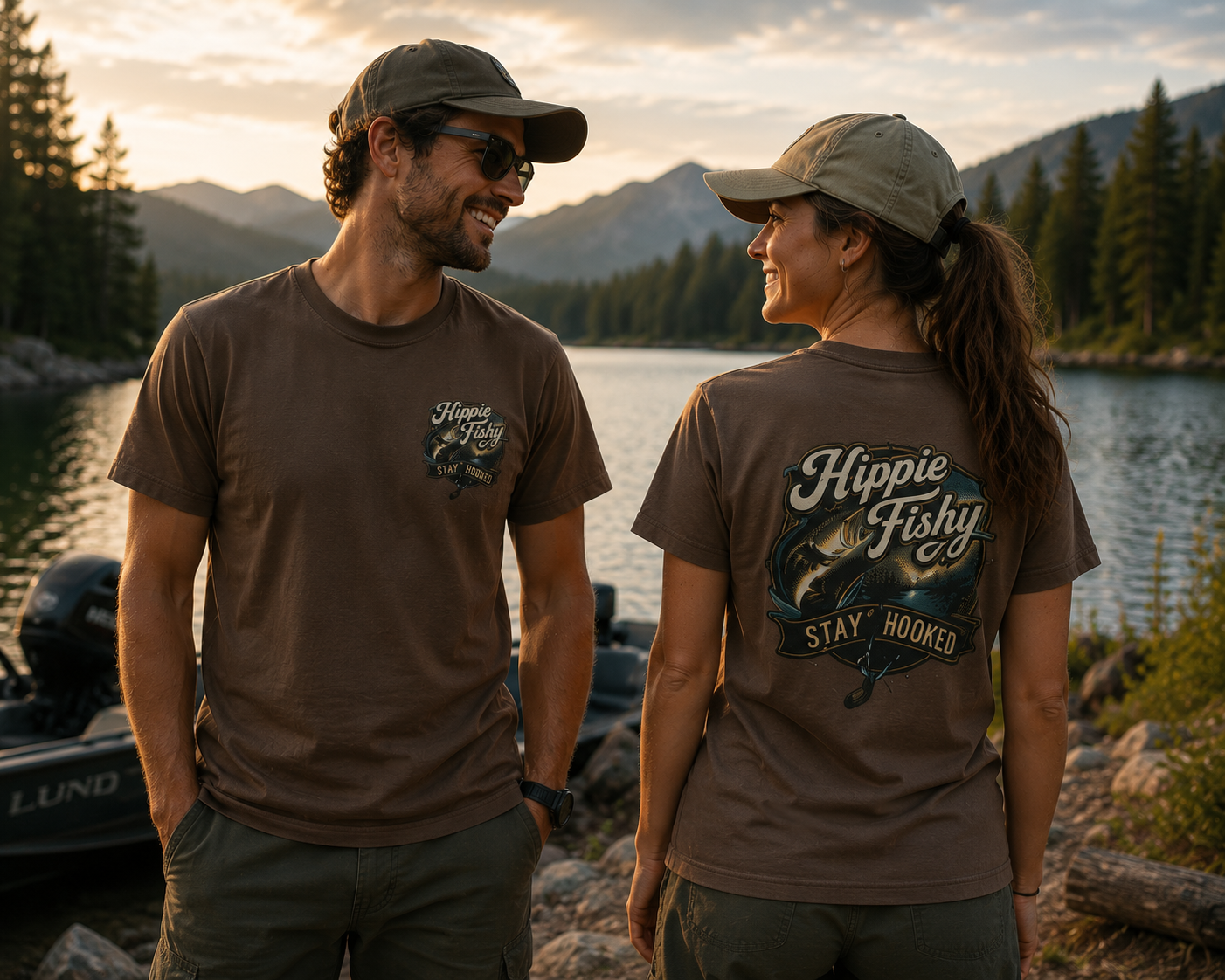 Couple wearing espresso "Stay Hooked" outdoor fishing tees by a mountain lake, designed for fishing, camping and lake life.