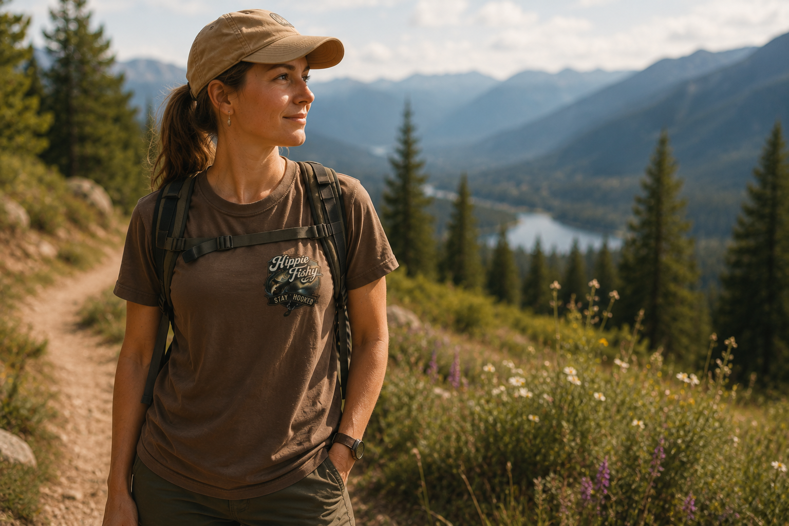 Female model wearing espresso "Stay Hooked" outdoor fishing tee while hiking in the mountains, designed for fishing, camping and adventure lifestyle.
