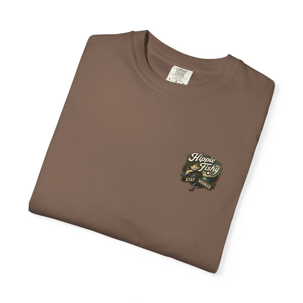 Folded espresso unisex "Stay Hooked" outdoor fishing tee with small Hippie Fishy logo, designed for fishing, camping and lake life.