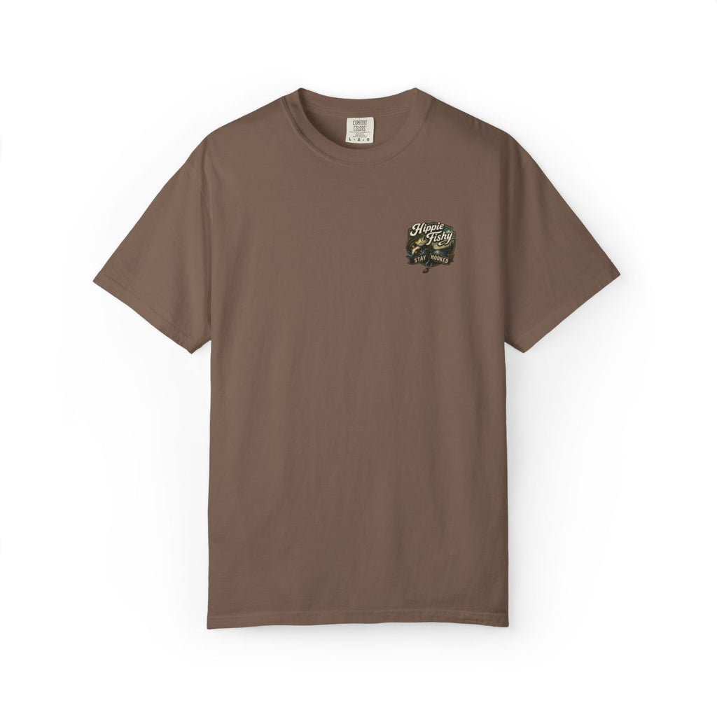 Front view of espresso unisex "Stay Hooked" outdoor fishing tee with small Hippie Fishy logo, designed for fishing, camping and lake life.