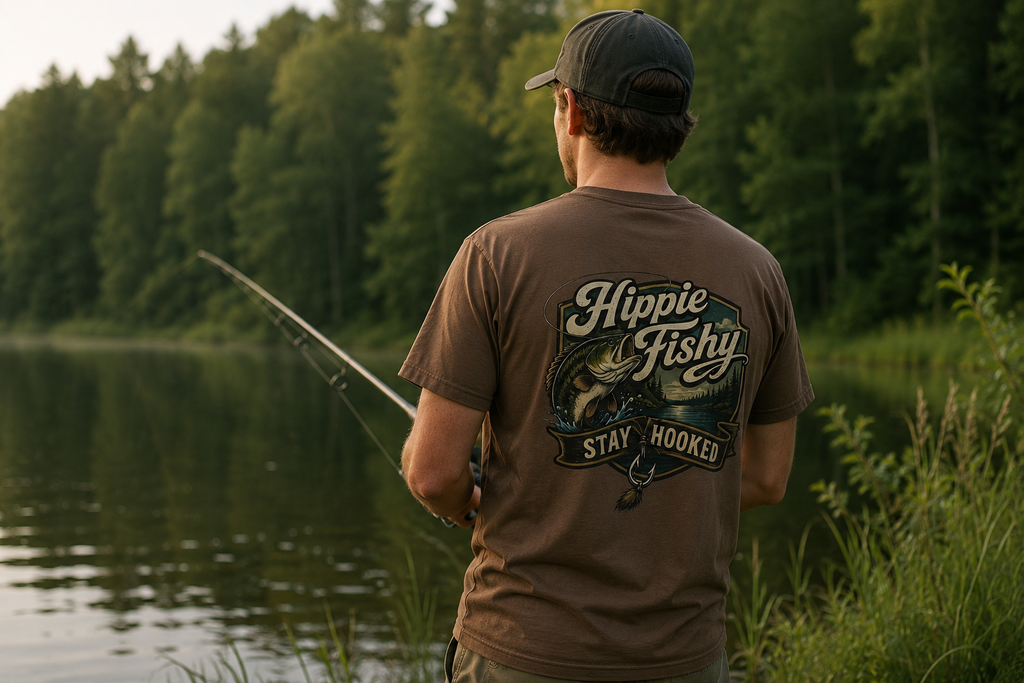 Person wearing espresso "Stay Hooked" outdoor fishing tee while fishing by a lake, designed for anglers, camping and outdoor lifestyle.