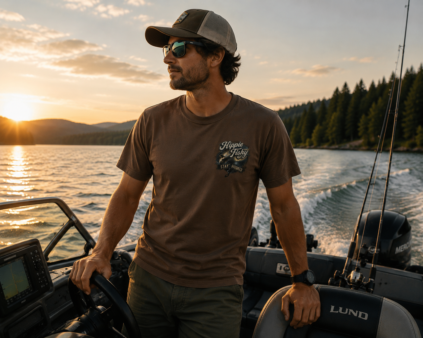 Male model wearing espresso "Stay Hooked" outdoor fishing tee on a boat at sunset, designed for fishing, lake life and outdoor lifestyle.
