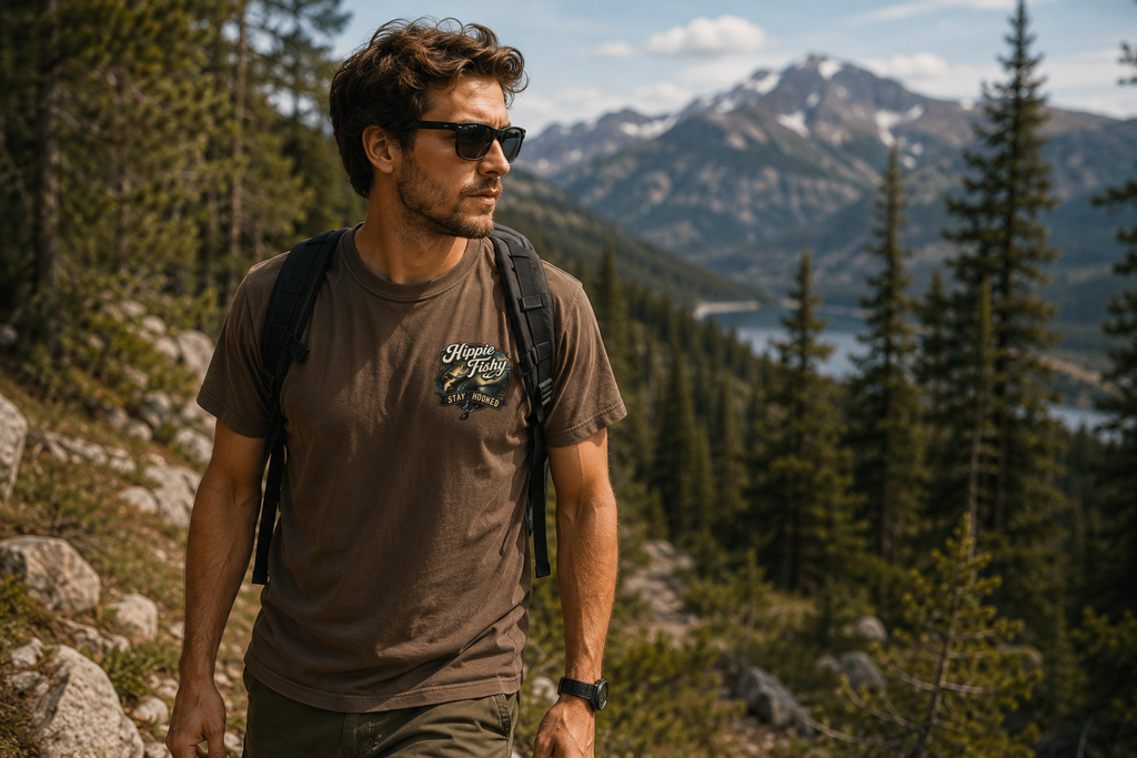 Person wearing espresso "Stay Hooked" outdoor fishing tee while hiking in the mountains, designed for fishing, camping and adventure lifestyle.