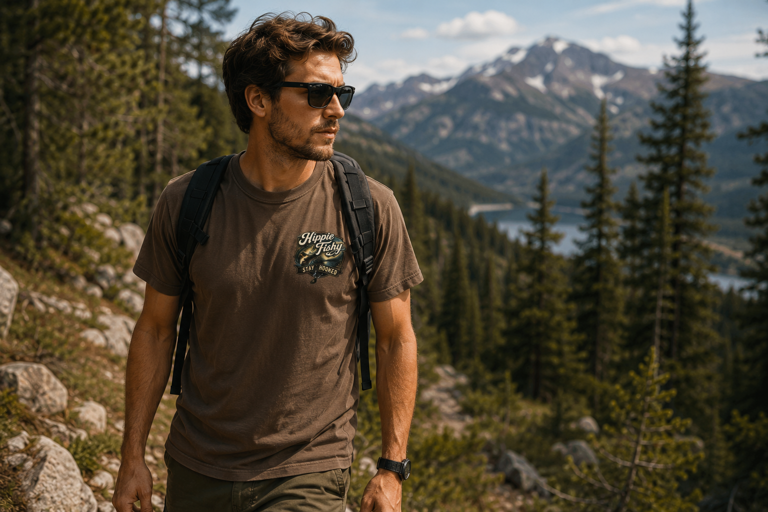 Person wearing espresso "Stay Hooked" outdoor fishing tee while hiking in the mountains, designed for fishing, camping and adventure lifestyle.